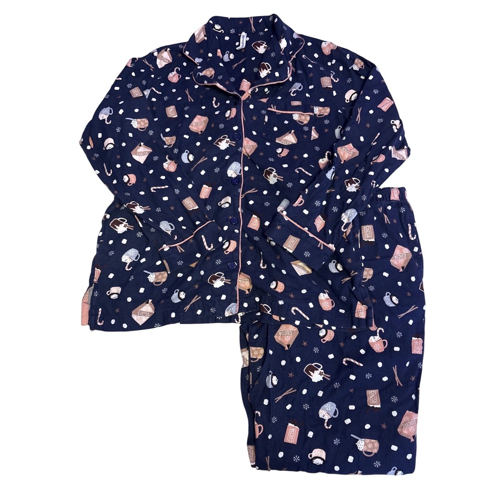 Pajamagram Womens Navy Hot Cocoa Winter Cotton Pajama Set, Size MD
